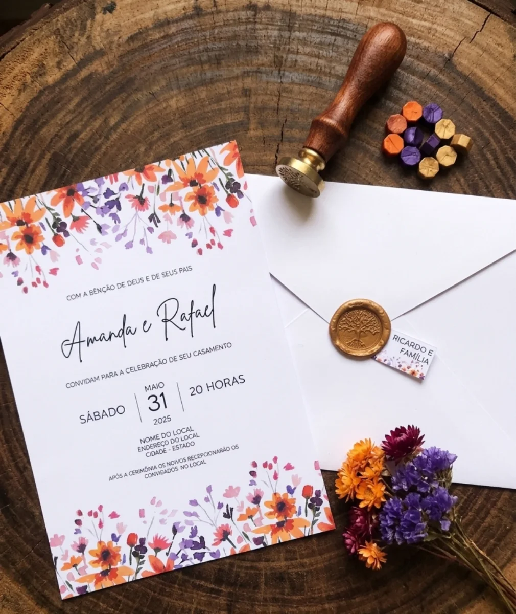 Convite de Casamento Rústico Floral Aquarela com Lacre de Cera - Imagem 2