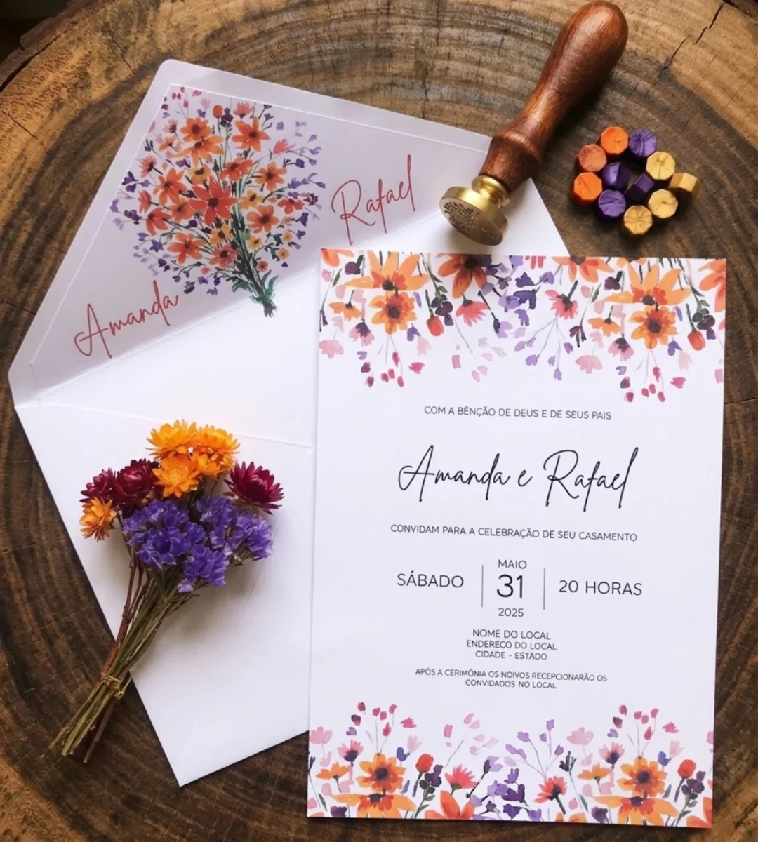 Convite de Casamento Rústico Floral Aquarela com Lacre de Cera - Imagem 1