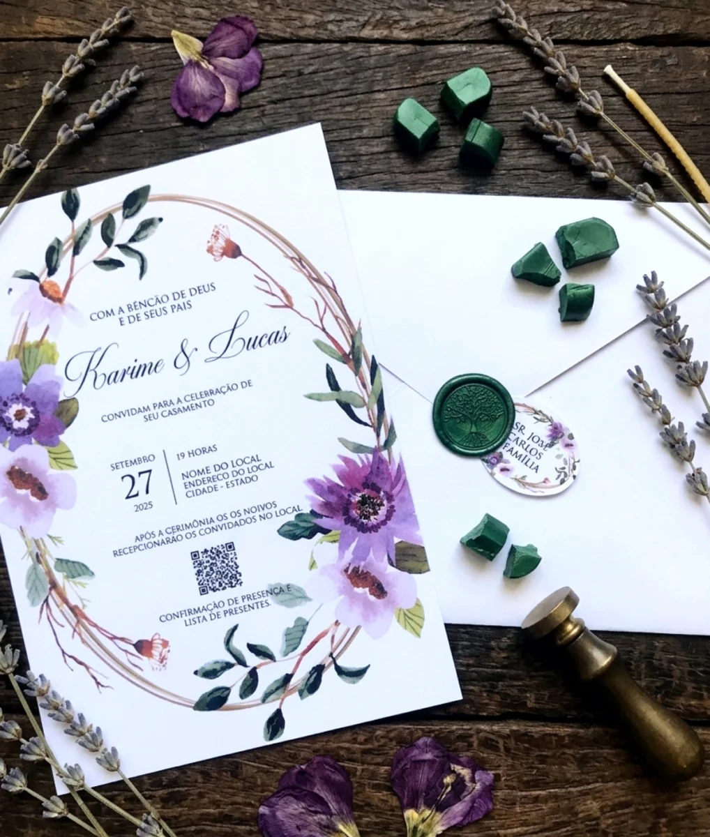 Convite de Casamento Floral Lilás Envelope Forrado, Lacre de Cera e Tag - Imagem 2