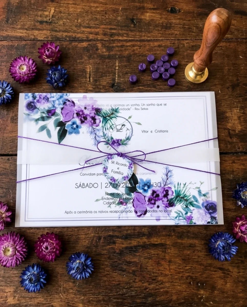 Convite de Casamento Papel Vegetal Floral Lilás e Roxo Convite de Casamento Papel Vegetal Floral Li - Imagem 1