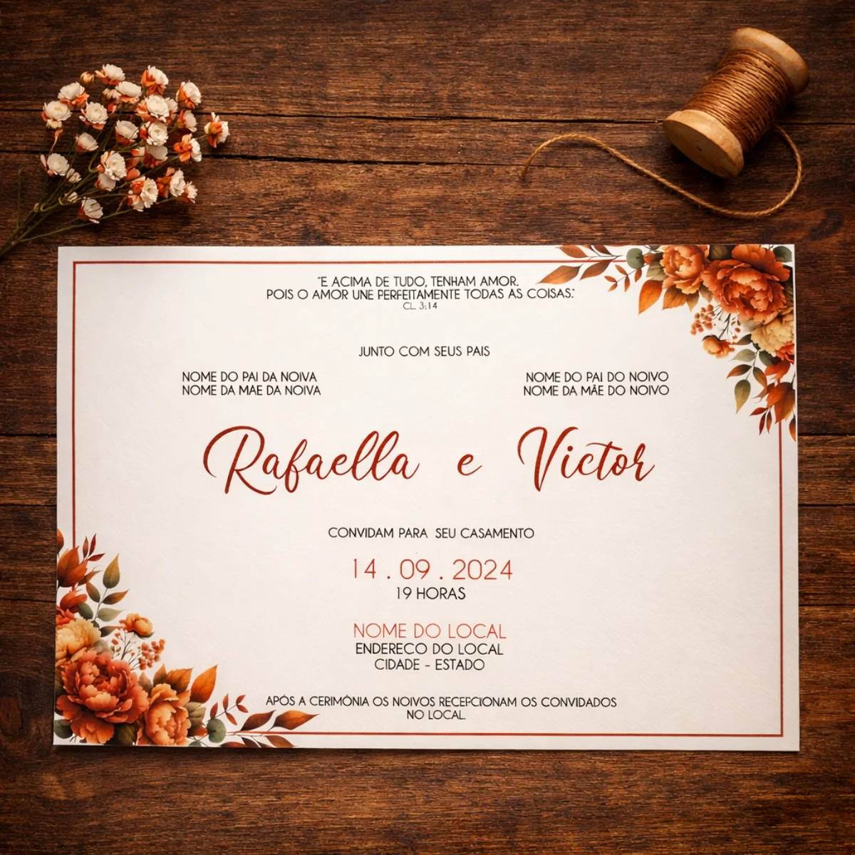 Convite de Casamento Floral Terracota com Envelope Papel Vegetal, Cordão Encerado e Tag - Imagem 3