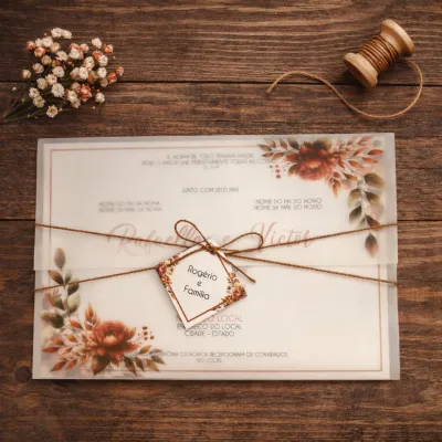 Convite de Casamento Floral Terracota com Envelope Papel Vegetal, Cordão Encerado e Tag