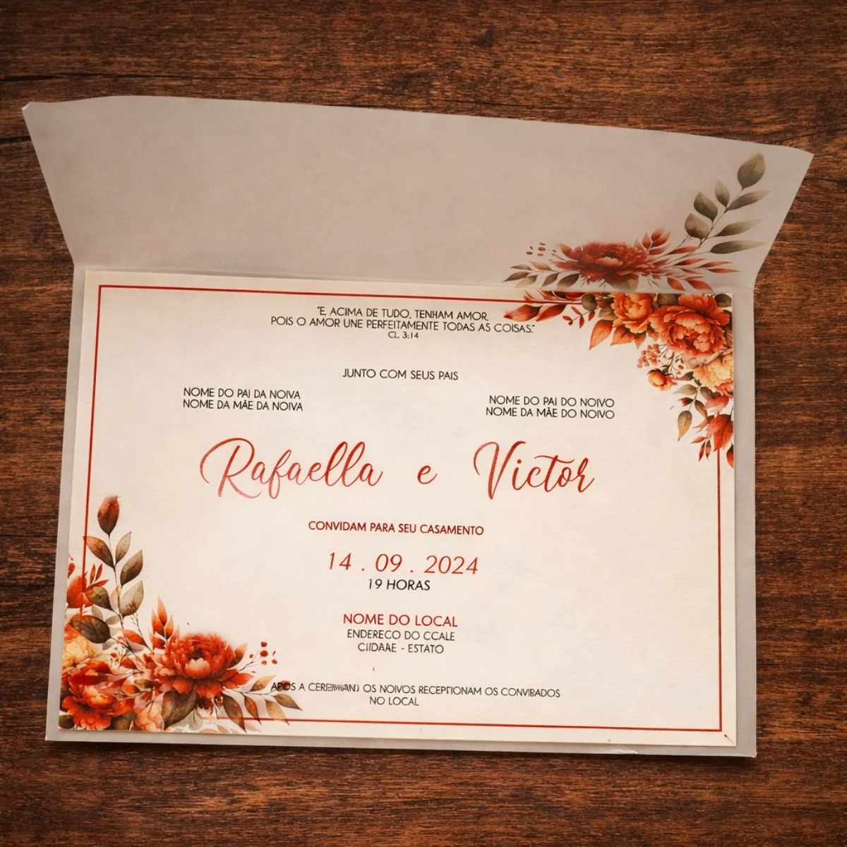Convite de Casamento Floral Terracota com Envelope Papel Vegetal, Cordão Encerado e Tag - Imagem 2