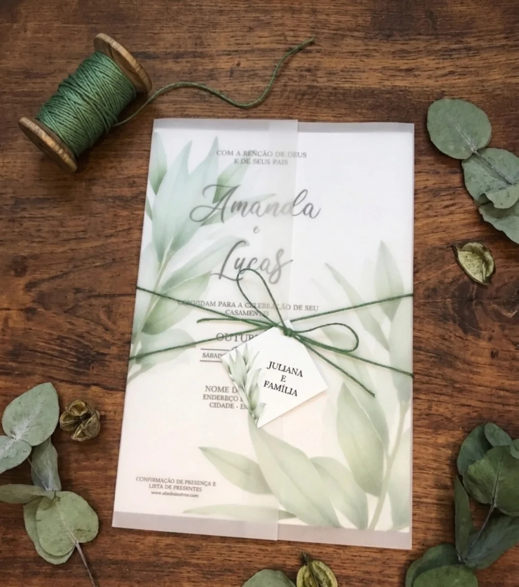 Convite de Casamento Botânico Folhas de Oliveira com Envelope Vegetal - Imagem 1
