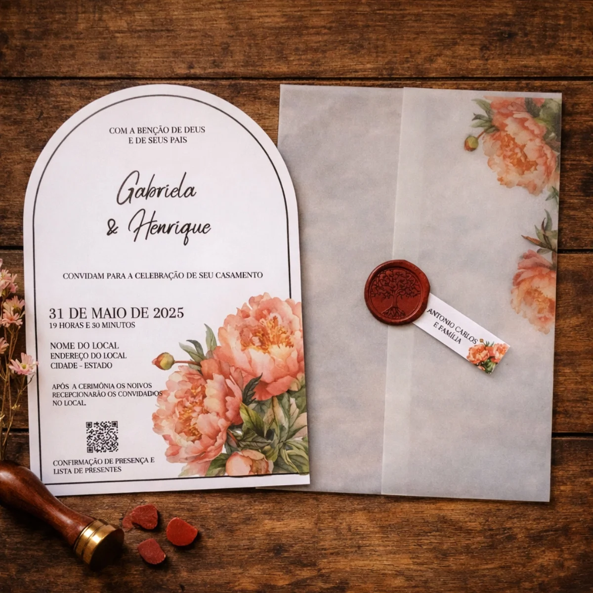 Convite Arco Floral com Papel Vegetal e Lacre de Cera - Imagem 2