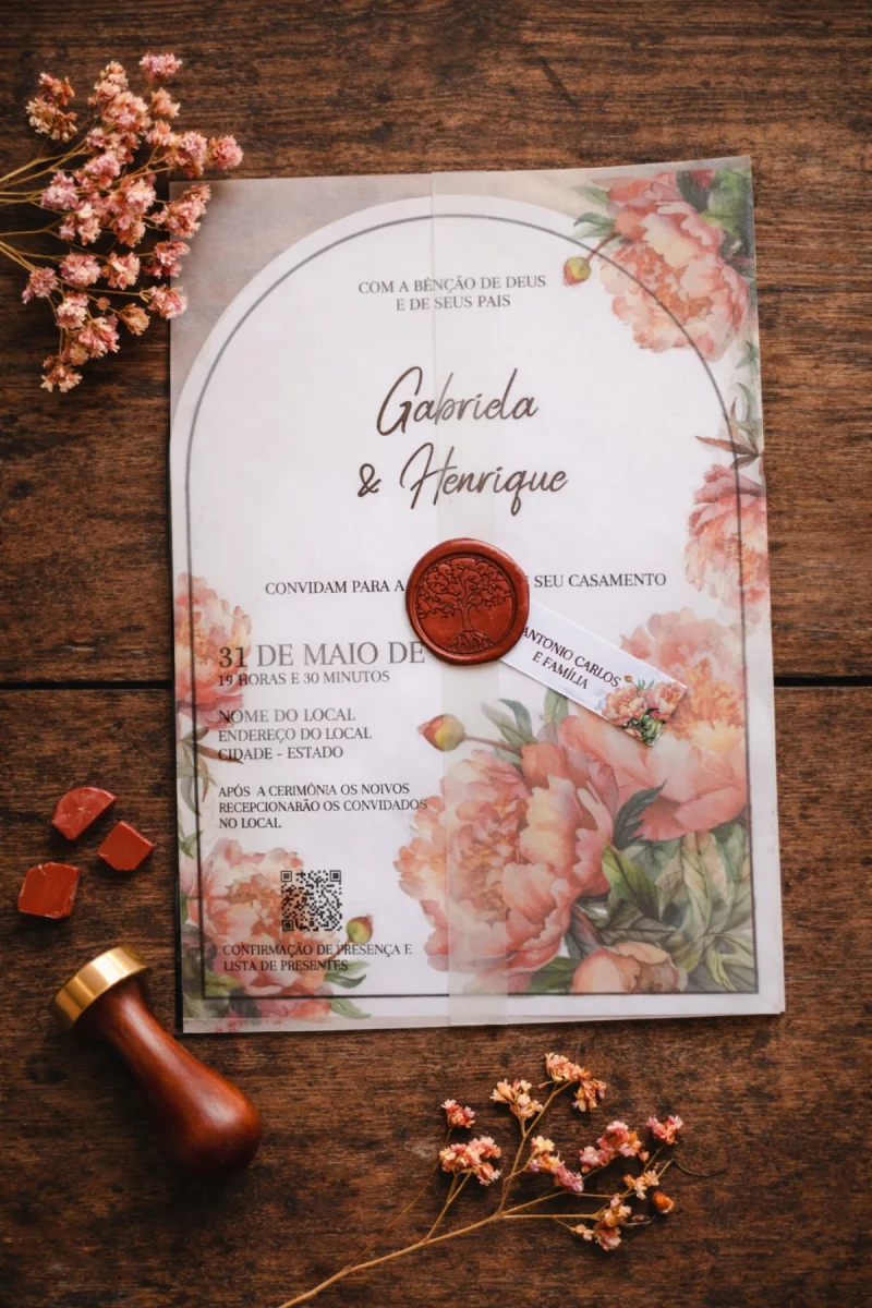 Convite Arco Floral com Papel Vegetal e Lacre de Cera - Imagem 1