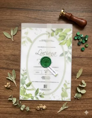 Convite de Casamento Botânico Verde-Oliva Eucalipto com Papel Vegetal