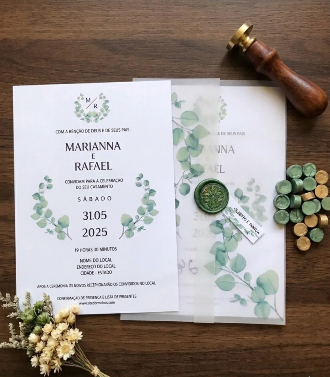 Convite de Casamento em Papel Vegetal com Eucalipto e Lacre de Cera - Imagem 1