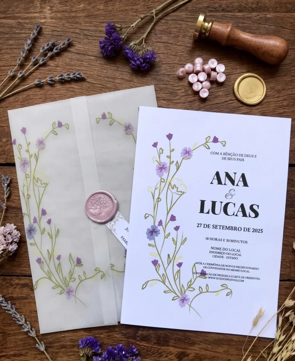 Convite de Casamento em Papel Vegetal Wildflower Lilás com Lacre de Cera e Tag - Imagem 2