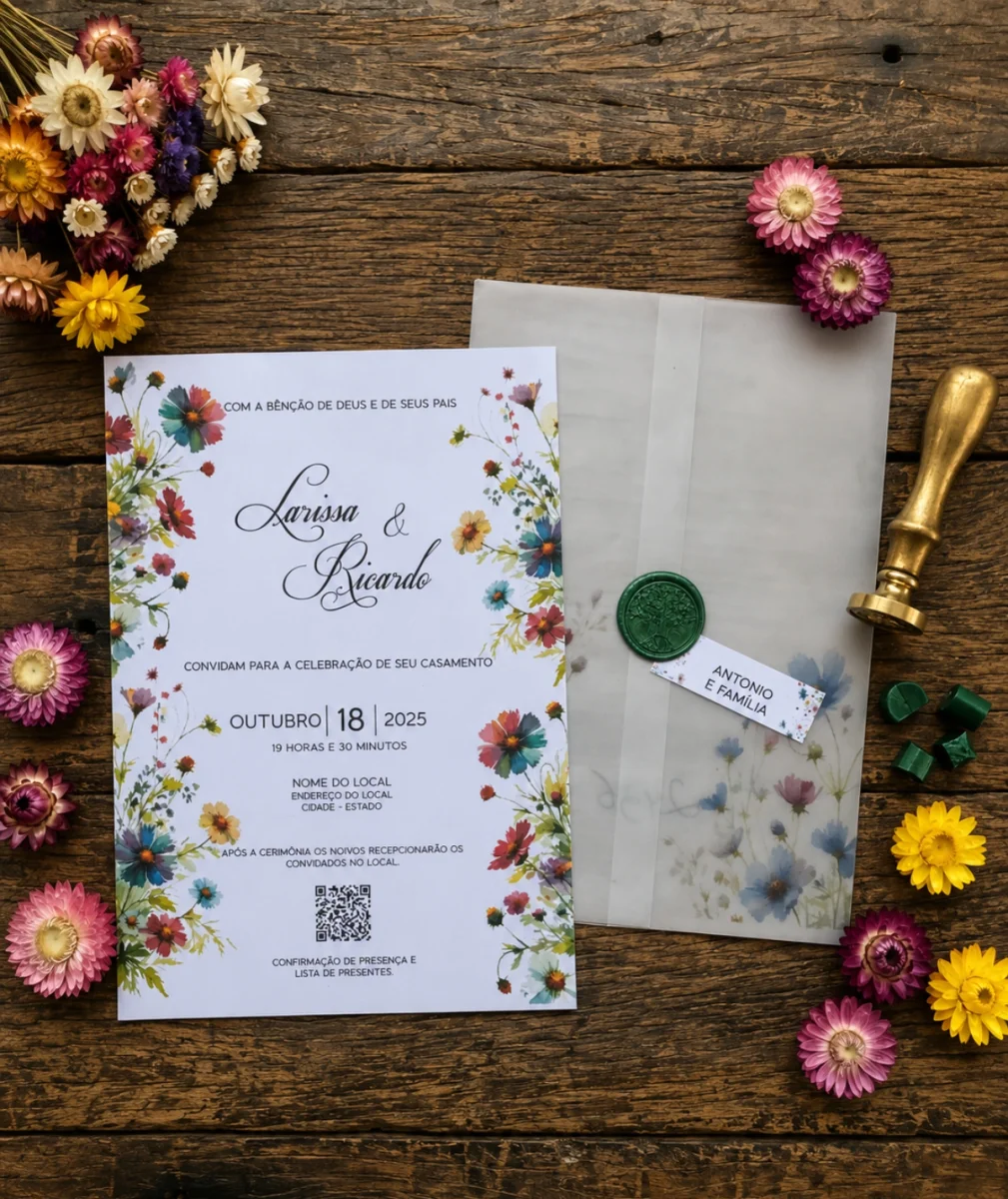 Convite de Casamento Wildflowers com Envelope de Papel Vegetal, Lacre de Cera e Tag - Imagem 2