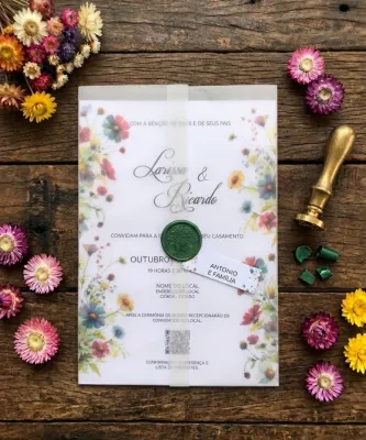 Convite de Casamento Wildflowers com Envelope de Papel Vegetal, Lacre de Cera e Tag