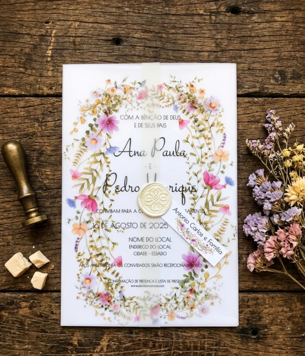 Convite de Casamento Wildflowers com Envelope de Papel Vegetal e Lacre de
