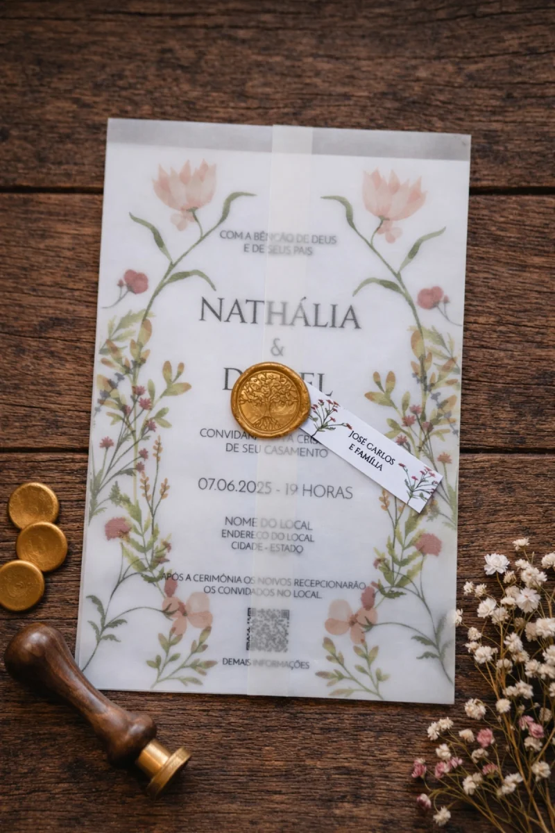 Convite de Casamento Translúcido floral Wildflower com Lacre de Cera - Imagem 1