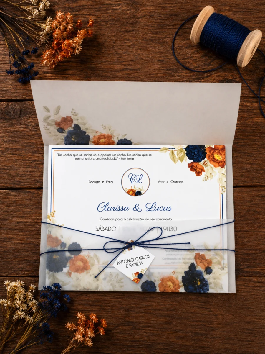 Convite de Casamento Floral Terracota e Azul Marinho com Envelope Vegetal - Imagem 2