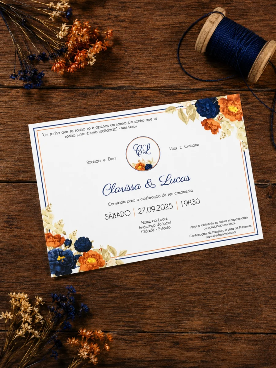 Convite de Casamento Floral Terracota e Azul Marinho com Envelope Vegetal - Imagem 3