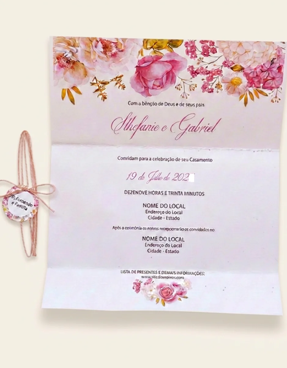 Convite de Casamento Floral Rosa com Tag Personalizada e Fio Rústico - Imagem 3