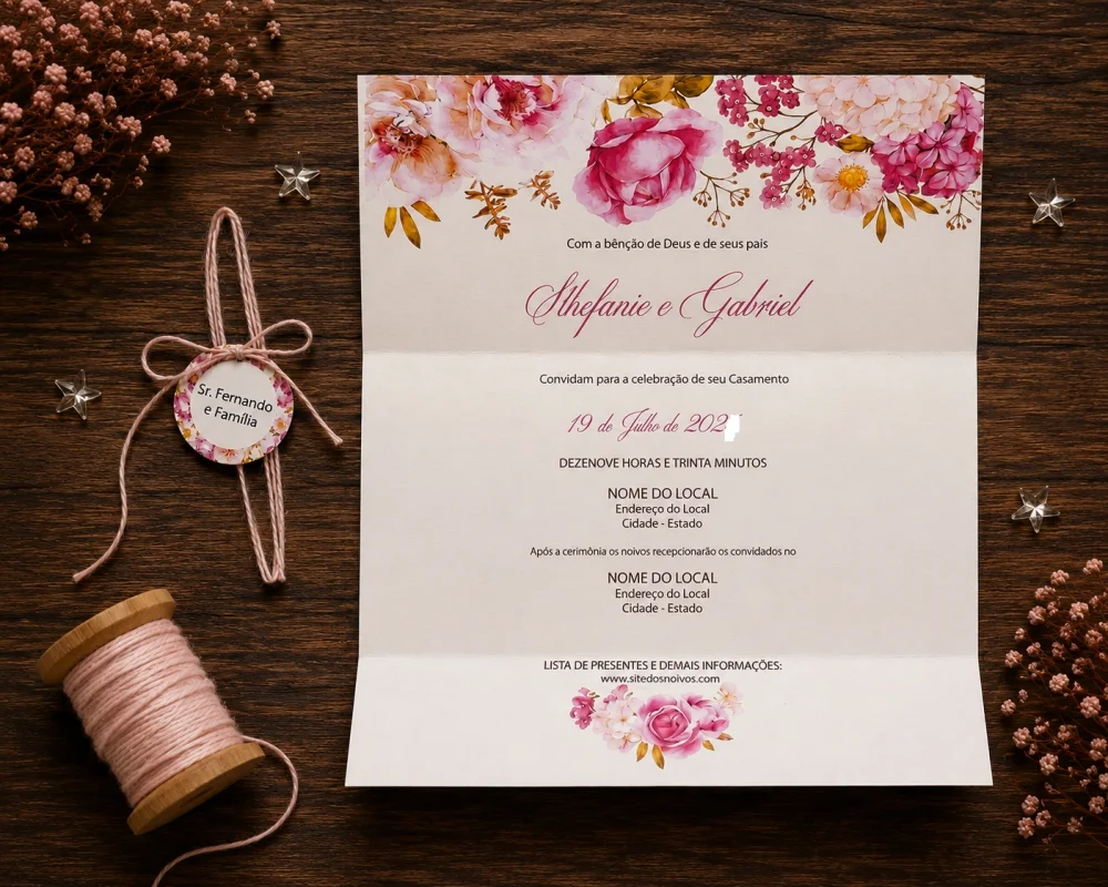 Convite de Casamento Floral Rosa com Tag Personalizada e Fio Rústico - Imagem 5