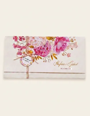 Convite de Casamento Floral Rosa com Tag Personalizada e Fio Rústico