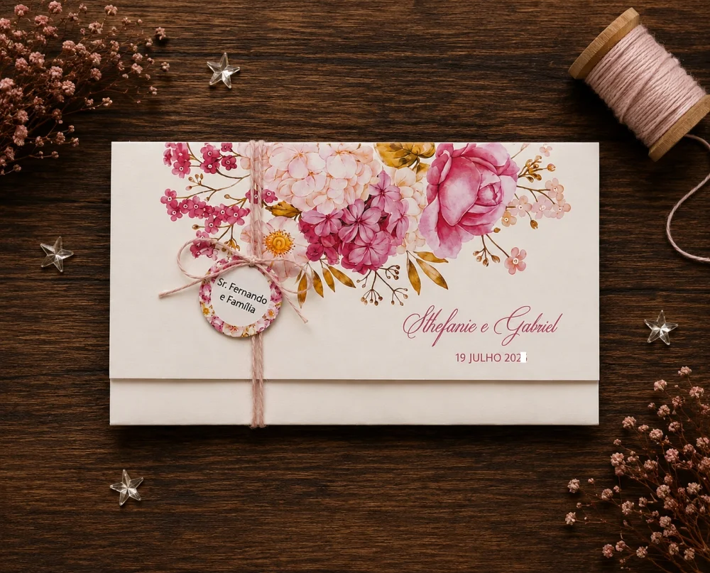 Convite de Casamento Floral Rosa com Tag Personalizada e Fio Rústico - Imagem 4