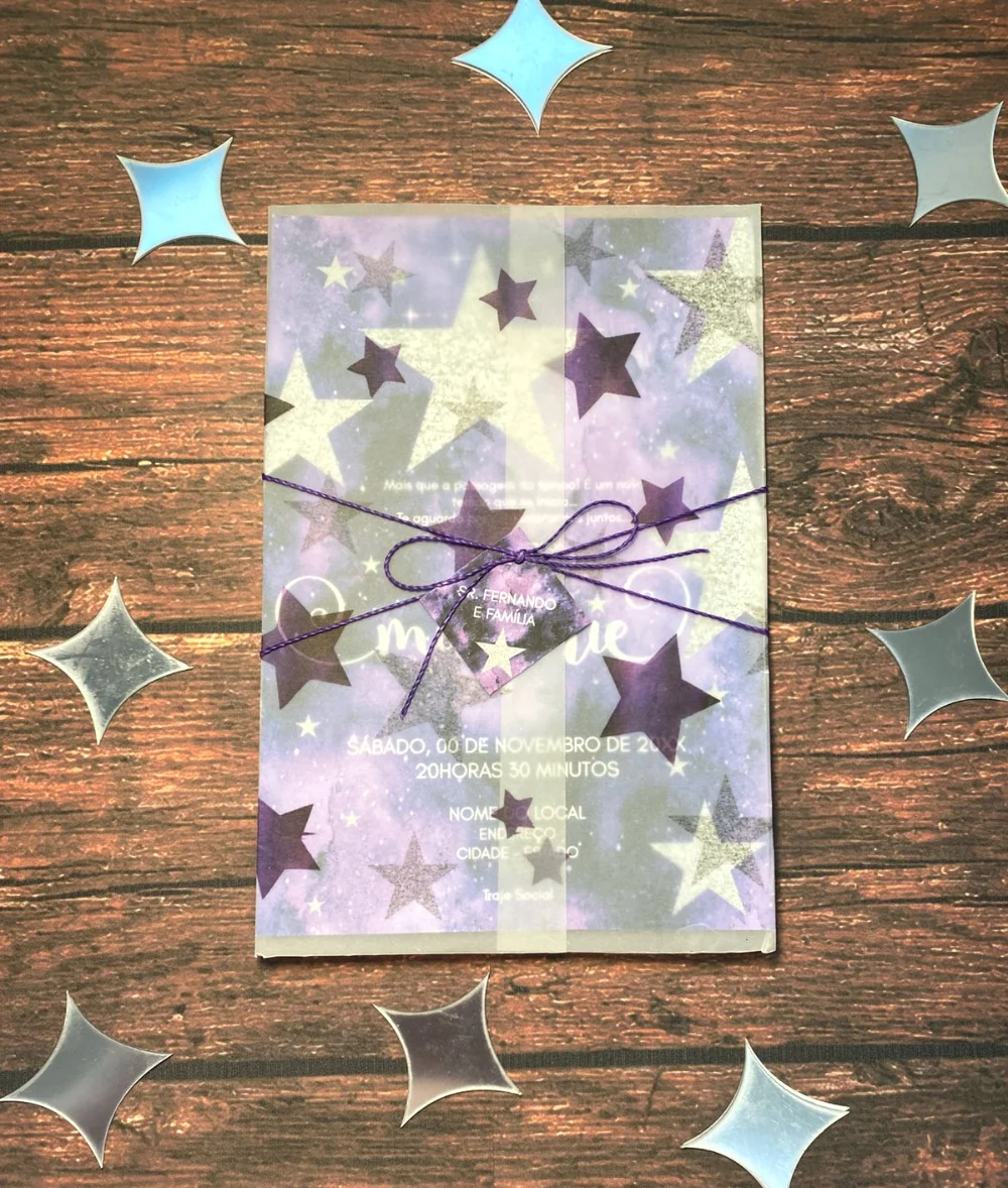 Convite de Debutante 15 Anos Tema Galáxia Roxo e Prata em Papel Vegetal - Imagem 1