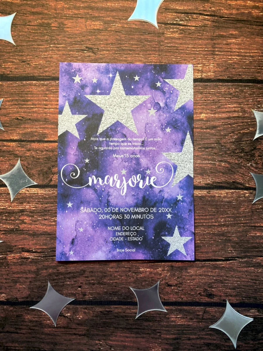 Convite de Debutante 15 Anos Tema Galáxia Roxo e Prata em Papel Vegetal - Imagem 3