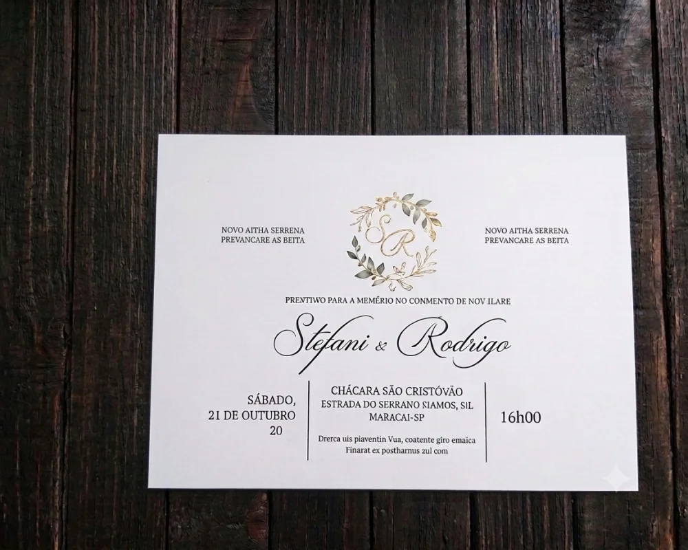 Convite de Casamento Papel Vegetal Folhagem Verde e Dourada - Imagem 2