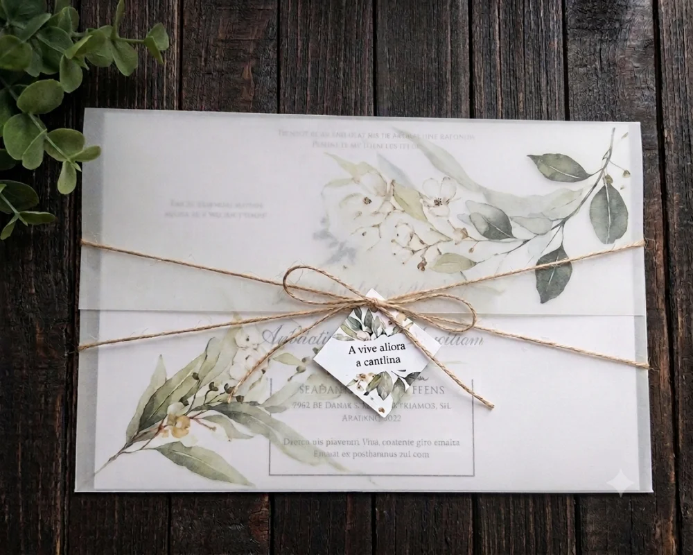 Convite de Casamento Papel Vegetal Folhagem Verde e Dourada - Imagem 1
