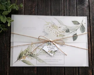 Convite de Casamento Papel Vegetal Folhagem Verde e Dourada