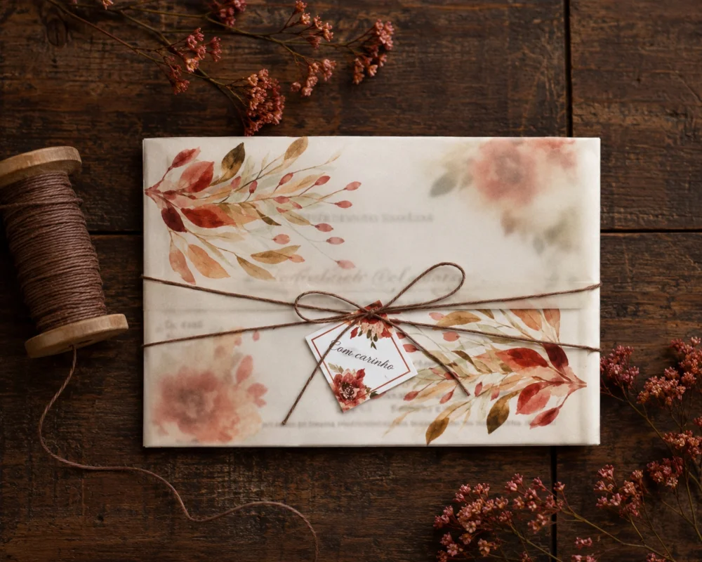 Convite de Casamento Floral Terracota com Papel Vegetal e Cordão Rústico - Imagem 1
