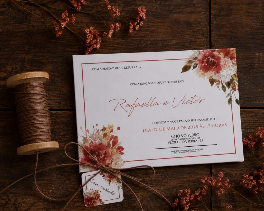 Convite de Casamento Floral Terracota com Papel Vegetal e Cordão Rústico - Imagem 2