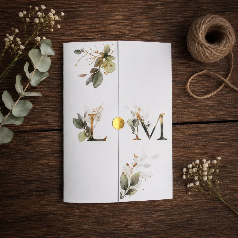 Convite de Casamento com Folhagem Verde e Dourado - Imagem 1