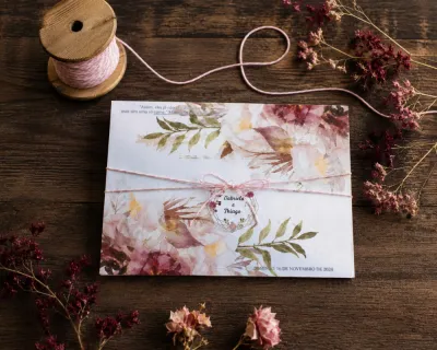 Convite de Casamento Papel Vegetal Floral Marsala e Rosé