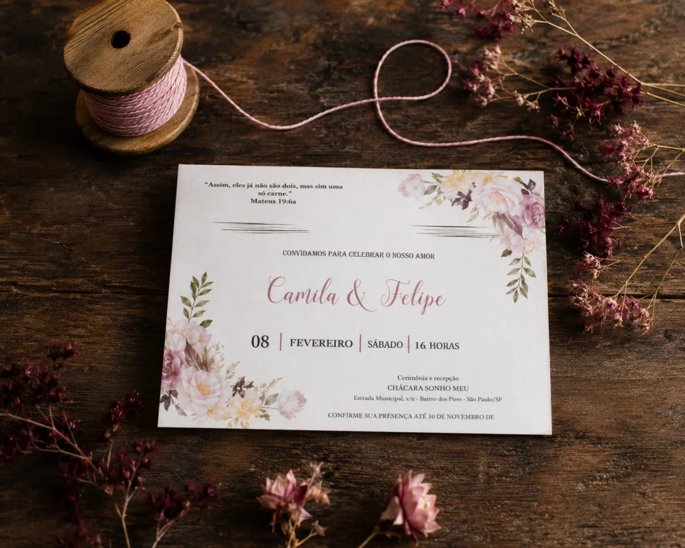 Convite de Casamento Papel Vegetal Floral Marsala e Rosé - Imagem 2