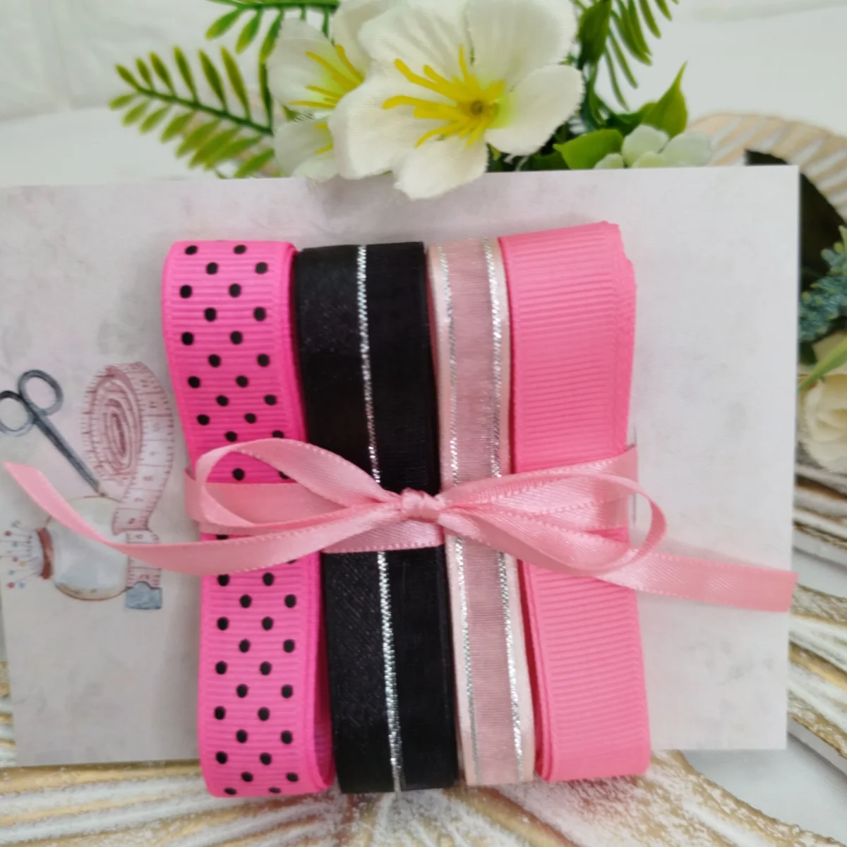 Kit de Fitas Pink e Preto Poá — Gorgurão, Voil com Cetim e Fio Prata