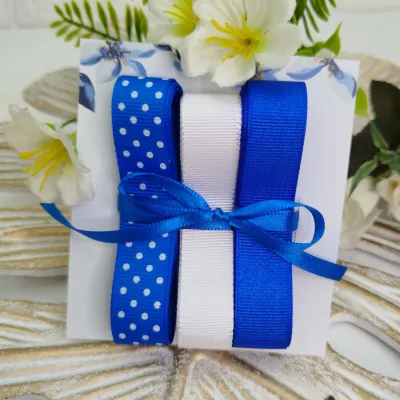 Kit de Fitas Azul Royal e Branca Poá — Gorgurão Liso e Estampa Bolinhas