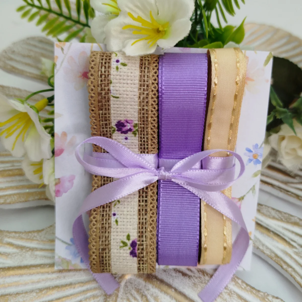 Kit de Fitas Juta Rústica Floral Lilás — Gorgurão e Cetim