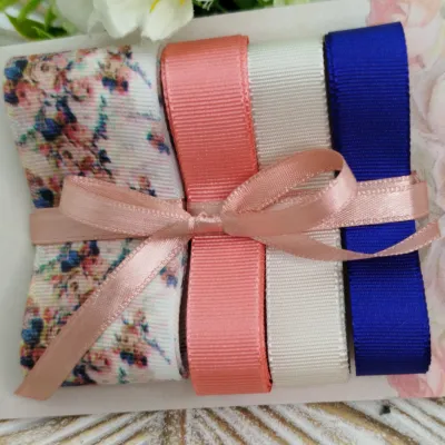 Kit de Fitas Floral Vintage — Gorgurão Estampado, Coral, Nude e Azul Violeta