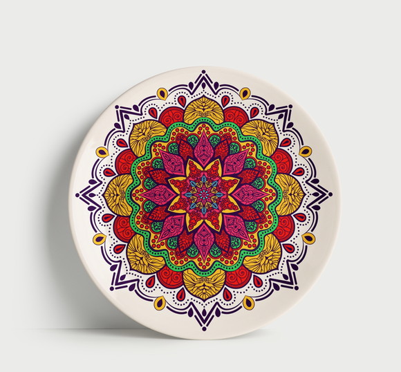 Prato Decorativo Mandala Geométrica Colorida 21cm Porcelana
