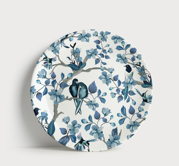 Prato Decorativo Pássaros Azuis e Natureza - Porcelana 21cm