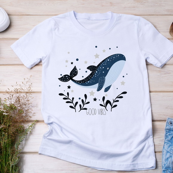 Camiseta Baleia - Good Vibes - Oceano, Paz e Astral
