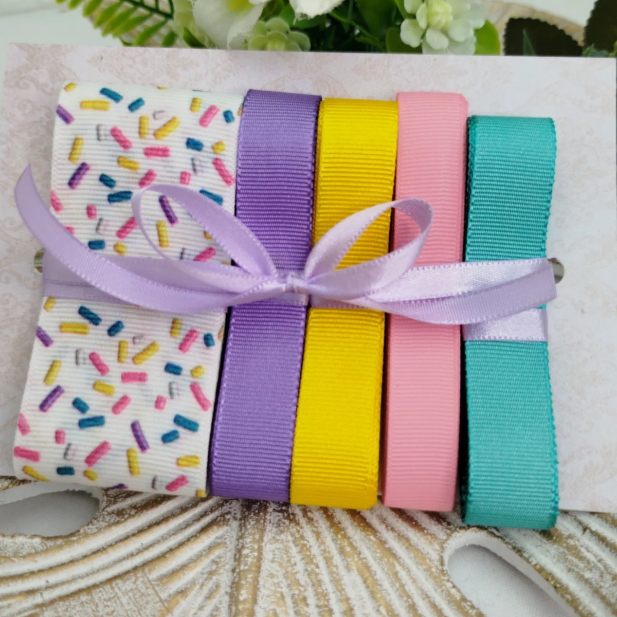 Kit de Fitas Granulado Colorido — Gorgurão Estampado e Lisas Amarelo, Lilás, Rosa e Verde - Imagem 5