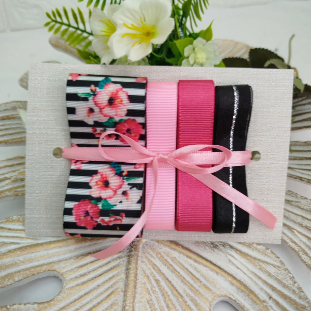 Kit de Fitas Floral Listrado Preto e Branco — Gorgurão Pink, Rosa e Voil com Cetim