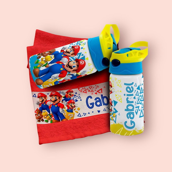 Kit Garrafinha e Toalhinha Personalizada Super Mario Bross