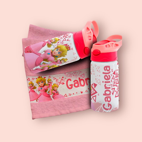 Kit Garrafinha e Toalhinha Personalizada Princesa Peach