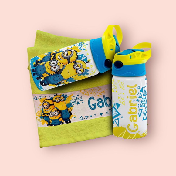 Kit Garrafinha e Toalhinha Personalizada Minions