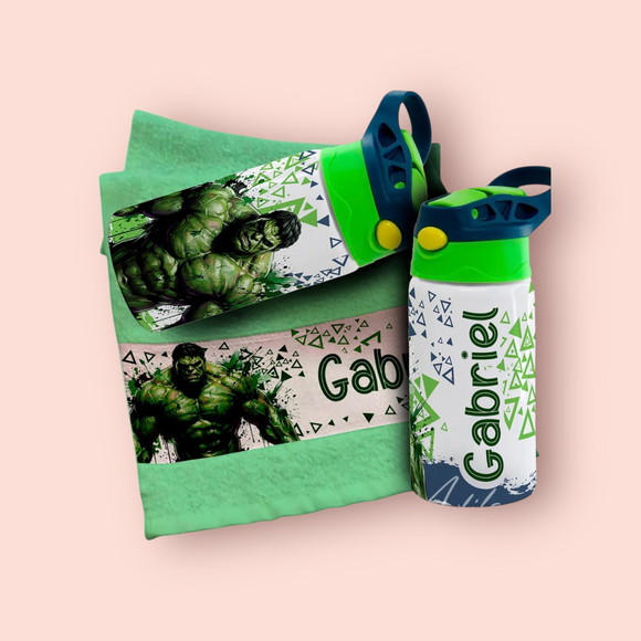 Kit Garrafinha e Toalhinha Personalizada Hulk