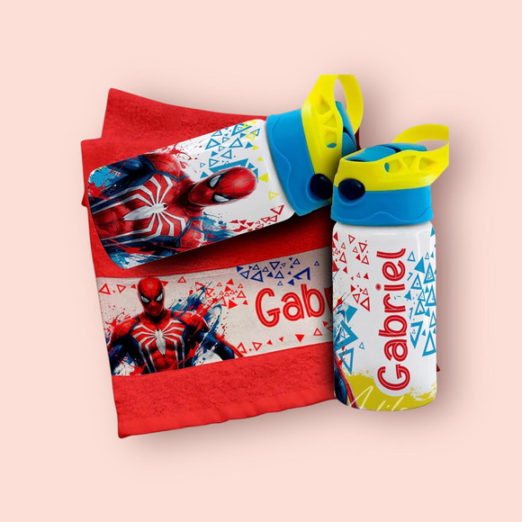 Kit Garrafinha e Toalhinha Personalizada Homem Aranha