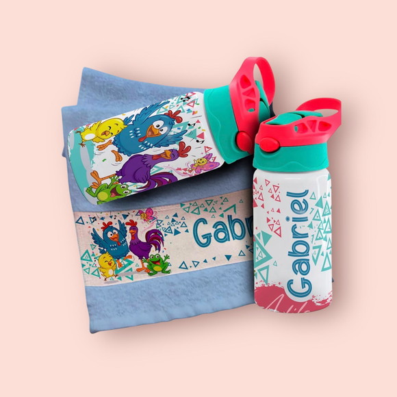 Kit Garrafinha e Toalhinha Personalizada Galinha Pintadinha
