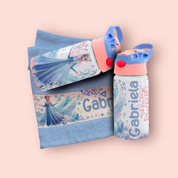 Kit Garrafinha e Toalhinha Personalizada Frozen