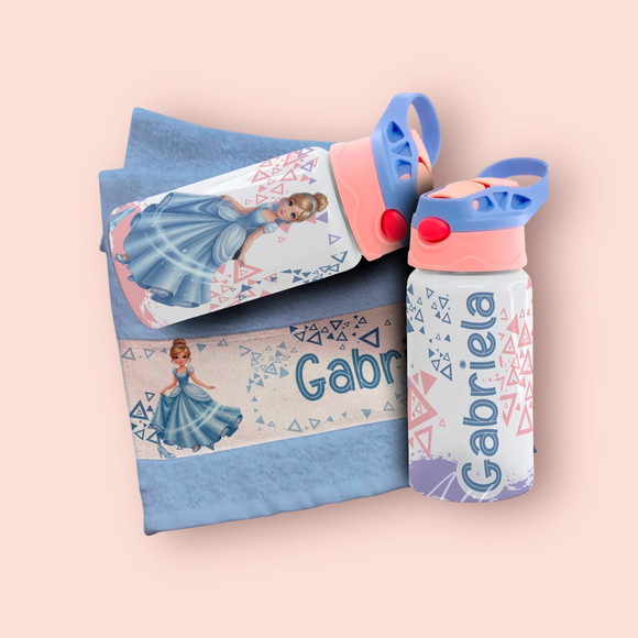 Kit Garrafinha e Toalhinha Personalizada Cinderela